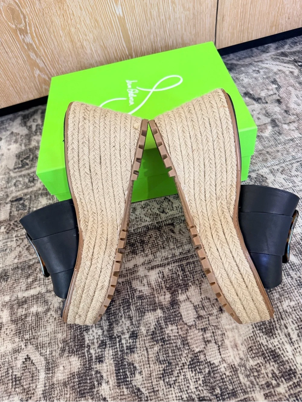 Sam Edelman, Livi Black Leather platform slides with large tortoise shell buckle